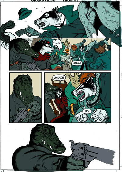 Next were the colour flats: the different areas of the illustrations were selected and filled with different solid colours on a layer beneath the linework. About three quarters of the colour flats in the book were done by my friend, the designer Jordan Smith. Creating a graphic novel is a long slog and anything that can save me time is a bonus. You can see that Iâve also added the final panel borders using the line tool and the text and speech balloons, both on separate layers above the ink line layer.
