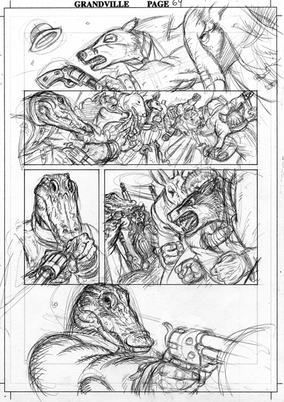 Hereâs the drawing, done with a pencil on a drawing board, for page sixty-nine of Grandville.
