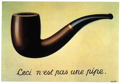 This panel references the famous painting by Belgian surrealist RenÃ© Magritte, The Treachery of Images, sometime known asÂ  Ceci nâest pas un pipe (âThis is not a pipeâ). The meaning is that itâs not a pipe but a representation of one.