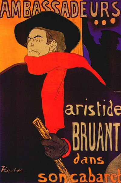 The anteater in the red scarf is a reference to Artides Bruant (1851 â 1925), cabaret owner and performer, who bought the Lapin Agile to save it from demolition in the early 20th century, seen here in a couple of posters by Henri de Toulouse-Lautrec.