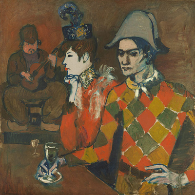 In the right background, the couple are based on Picassoâs Au Lapin Agile (1905), a painting commissioned by the proprietor FrÃ©dÃ©rick GÃ©rard, whoâs depicted in the background of the painting.