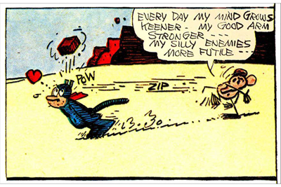 A reference to George Herrimanâs Krazy Kat. The common theme of the hugely popular newspaper strips, which were syndicated from 1913 to 1944, was the strange triangle of Krazy, Offica Pup and the mouse, Ignatz. The ambiguously-gendered Krazy loved Ignatz, who hated her/him and ended many of the strips by throwing a brick at her/his head. 