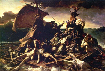 The large painting is an anthropomorphic version of The Raft of the Medusa (Le Radeau de la Medusa) by Théodore Géricault (1791 â 1824), which does hang in the Louvre.