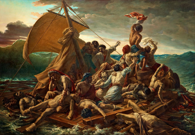 The large painting is an anthropomorphic version of The Raft of the Medusa (Le Radeau de la Medusa) by Théodore Géricault (1791 â 1824), which does hang in the Louvre.