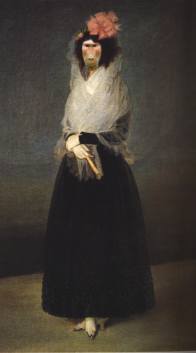 The painting in the background here and in panel 7 is taken from La Comtesse del Carpio, Marquise de la Solana by Francisco Goya (1746 â 1828), which does hang in the Louvre.