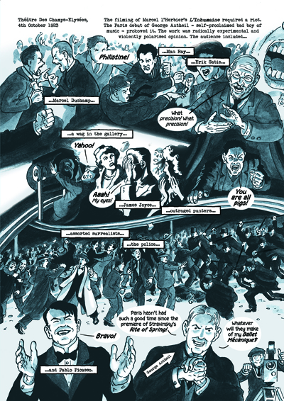 The scrap between the traditionalists and the âNew Waveâ was inspired by an actual event: the riot that broke out during the Paris debut of experimental musician George Antheil in 1923 that involved several famous artists. Hereâs the page that deals with it from the first graphic novel that I drew that was written by my wife Mary, Dotter of Her Fatherâs Eyes.