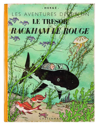The last panel is a reference to the cover of the 1944 Tintin album Le Trésor de Rackham le Rouge (Red Rackhamâs Treasure) by Hérge.
