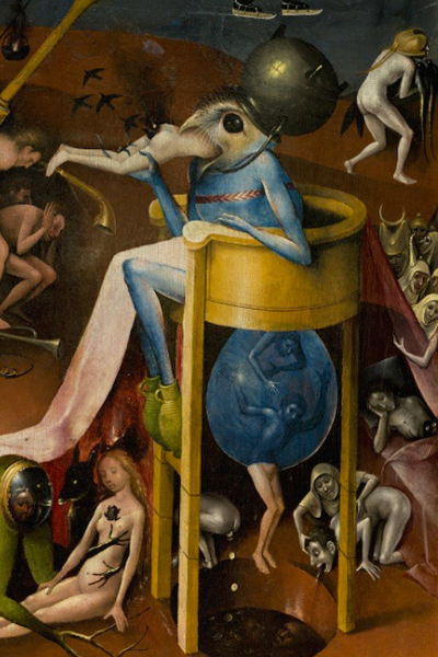 The interior décor of the club is a fantasy version of the real Hell Club (see page 84 annotations). To the far right of the panel, thereâs a design based on a detail from The Garden of Earthly Delights, painted by Hieronymus Bosch between 1490 and 1510.