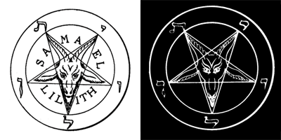The main lobby of Koenigâs establishment, continuing my fantasy version of the real Hell Club (see page 82 annotations). The pentacle and goat head design sculpted above the door is based on The Sigil of Baphomet, symbol of the Church of Satan, an adaptation of an illustration that first appeared in La Clef de la Magie Noire by Stanislas de Guaita in 1897.