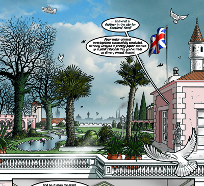 The location is a fantasy version of the real Kensington Roof Gardens, which really does have mature trees and flamingos. Actually, Iâm not sure whether the flamingos are still there as, apparently, it closed to the public in February 2018. Before that, it was accessible to customers of the Babylon restaurant, situated on the top floor of the old Derry and Toms building in Kensington High Street. We went to have lunch there in February 2016, so I could take reference photos for this sequence, some of which are below.
