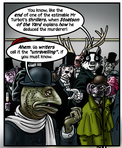 ââ¦like the end of one of the estimable Mr Turbotâs thrillers when Staotson of the Yard explains how he deduced the murderer.â: A once common ending to crime novels, in which the detective explains everything to assembled suspects, usually terminating in a revelation and the apprehension of the guilty party, such as in most of Agatha Christieâs Poirot stories.