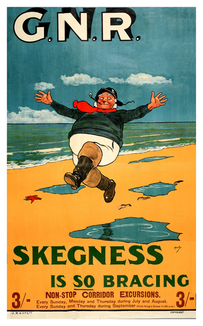 The one to the right is based on the famous 1908 âSkegness is so Bracingâ poster by John Hassall. It reads âSkegness est tellement vivifiantâ.