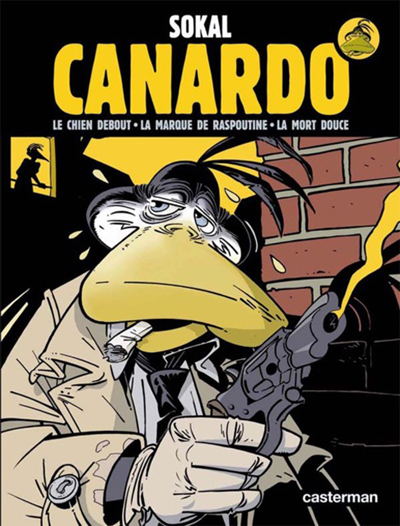 The private eye, Inspector Canardo (from the french canard: âduckâ) is the protagonist of the long-running series of BD albums by Benoît Sokal, the first being published in 1979. If you look closely, he is holding The Maltese Falcon, from the 1930 book by Dashiell Hammett, as it appears in the 1941 film version starring Humphrey Bogart.