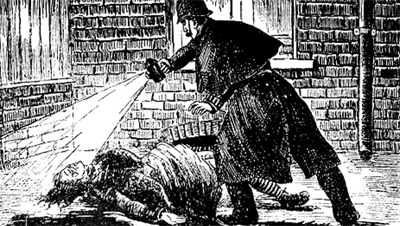 The tableaux heâs part of is a reference to the picture from the Illustrated Police News (around 1888) of the discovery of the body of Ripper victim Elizabeth Stride.