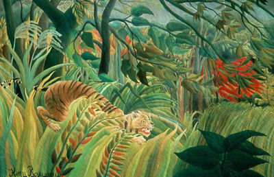 Timâs terrified expression is a reference to Tiger in a Tropical Storm (1891) by Henri Rousseau.