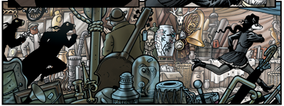Centre panel sees the return of the ârather amusing stuffed cobraâ from Flook. See Grandville Mon Amour, page 55, panel 4 annotations. This must be the same Montmartre junk dealerâs market table.