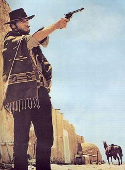 Barely visible, just beneath the clock to the right of it, hangs the poncho of Clint Eastwoodâs Man With No Name character from For a Few Dollars More (1965).