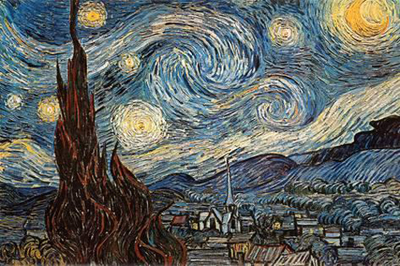 The painting above the fireplace is Vincent Van Goghâs Starry Night (1889).