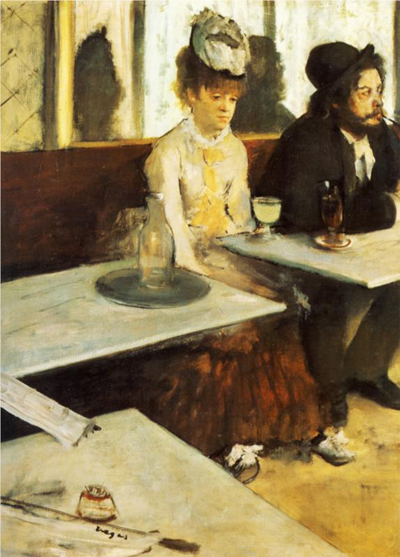 The characters in the backround are a reference to Edgar Degasâs The Absinthe Drinker (1876). Note that the tables in my version actually have legs!