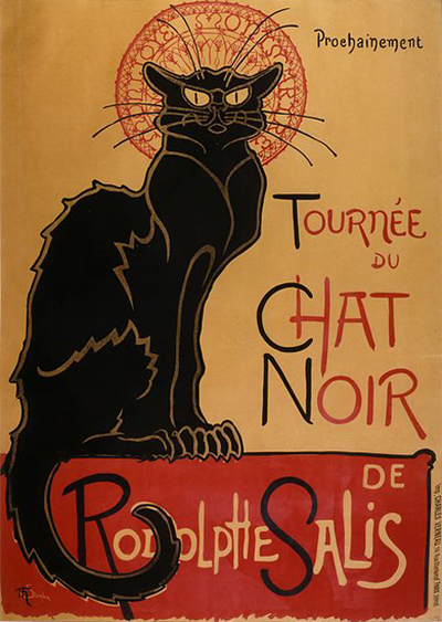 In the background, we can see the famous 1896 poster for a tour of the troup of performers of the Le Chat Noir cabaret by Théophile Steinlen.Â