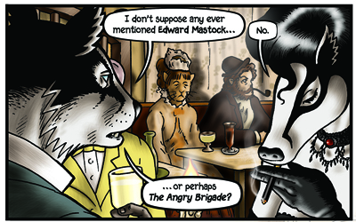The characters in the backround are a reference to Edgar Degasâs The Absinthe Drinker (1876). Note that the tables in my version actually have legs!