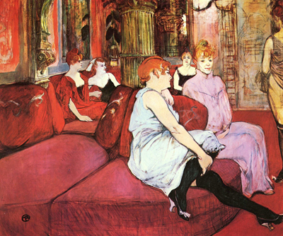 The pose in the foreground is a reference to Toulouse Lautrecâs In the Salon of the Rue des Moulins, itself a painting of a brothel interior.